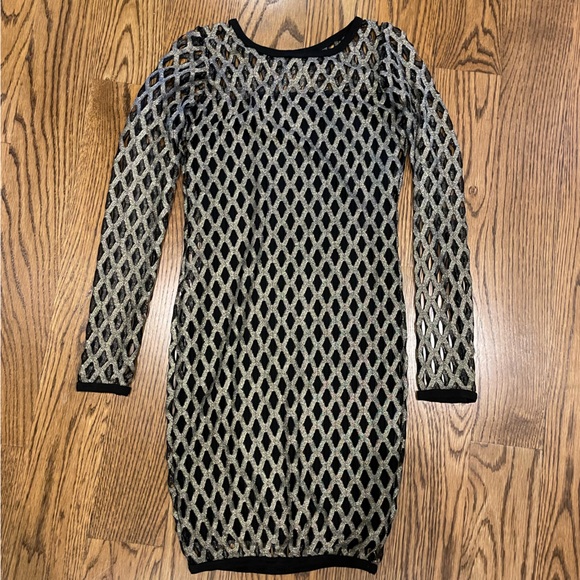 Nightcap Clothing Size 1 Bodycon Long Sleeved Dress w/ Metallic Mesh overlay - Picture 1 of 3